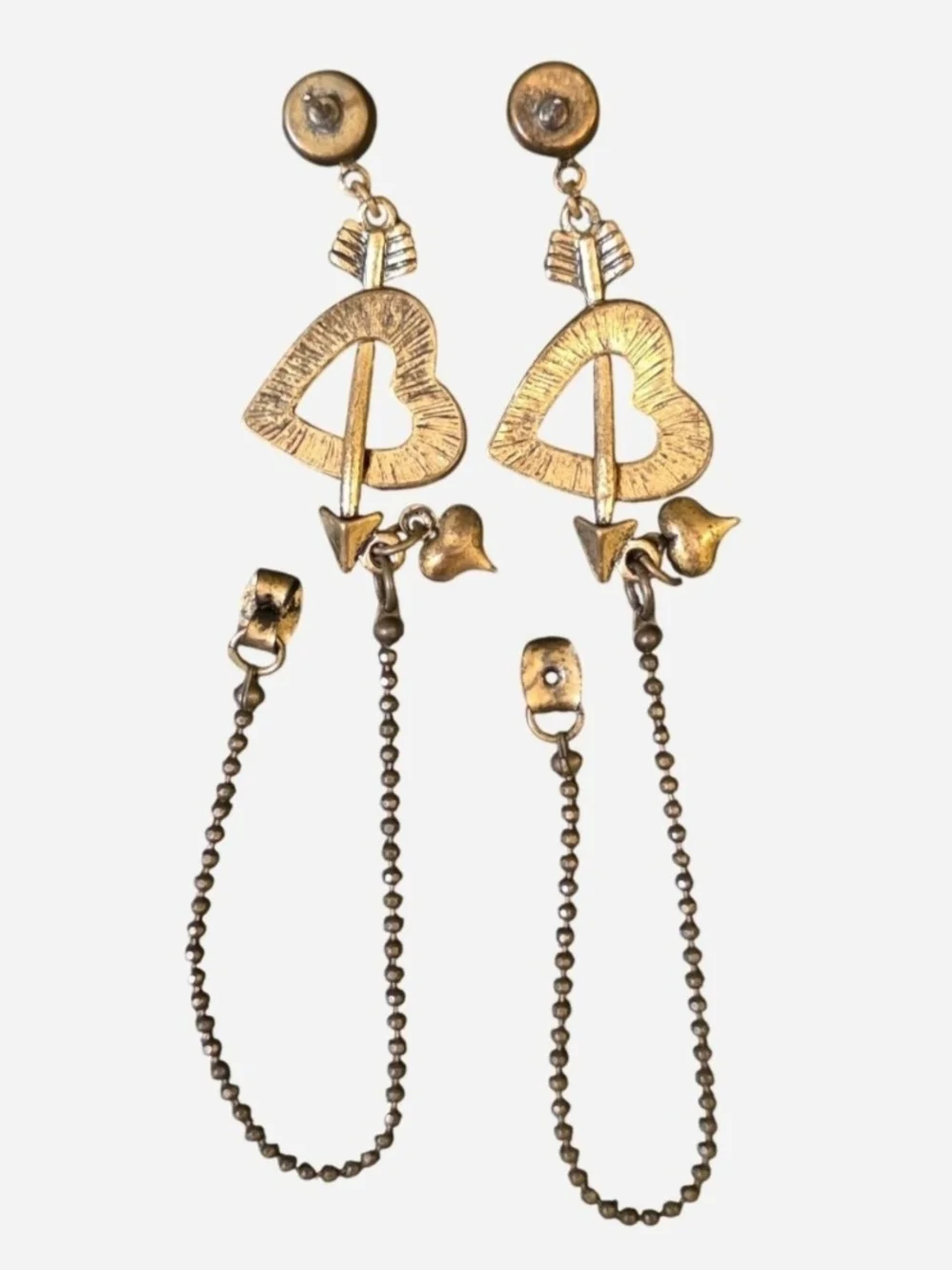 Vintage Betsey Johnson Antique Gold Heart Arrow Drop Earrings w/Rhinestones - Picture 5 of 6